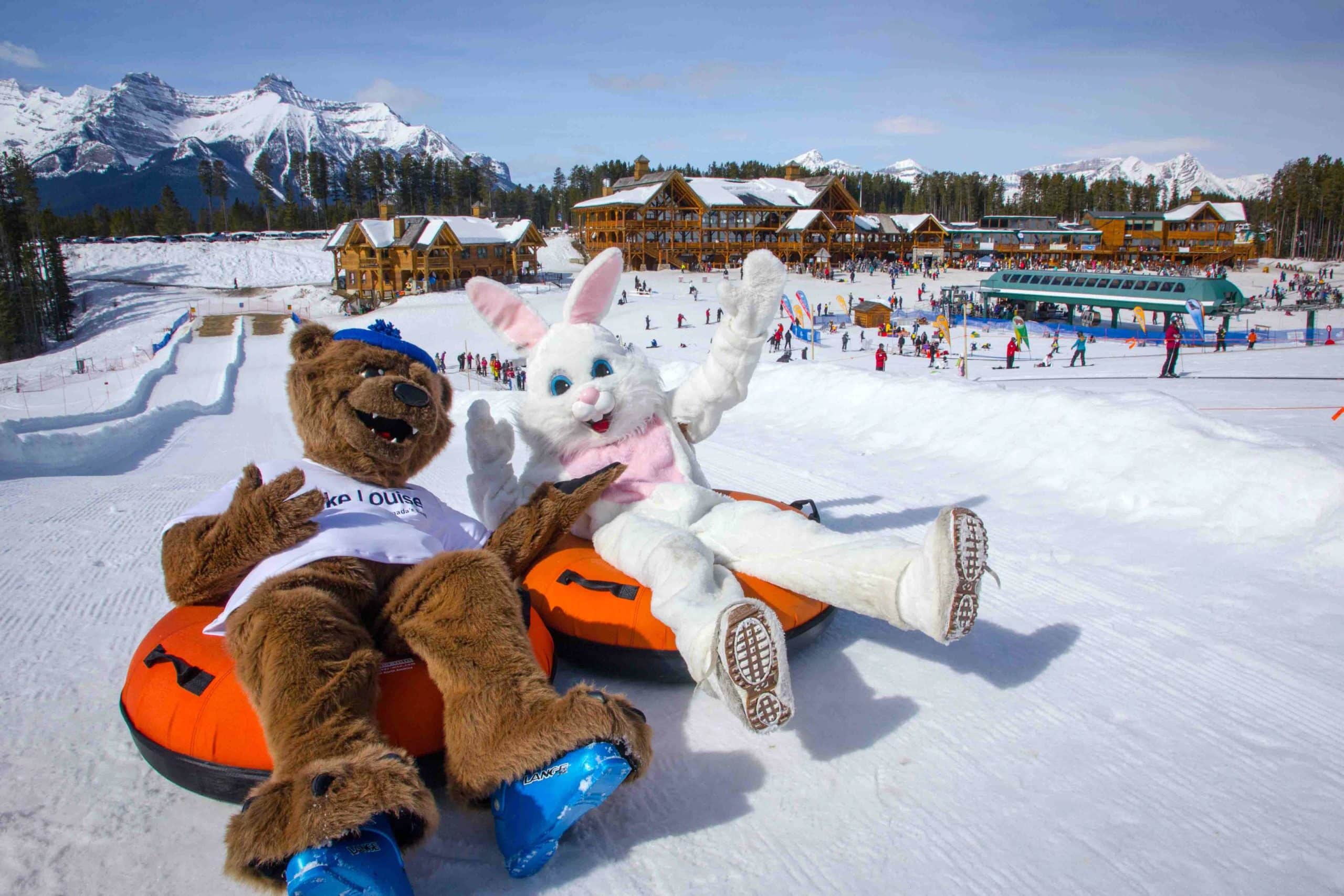 easter bunny mascot on a tube ride