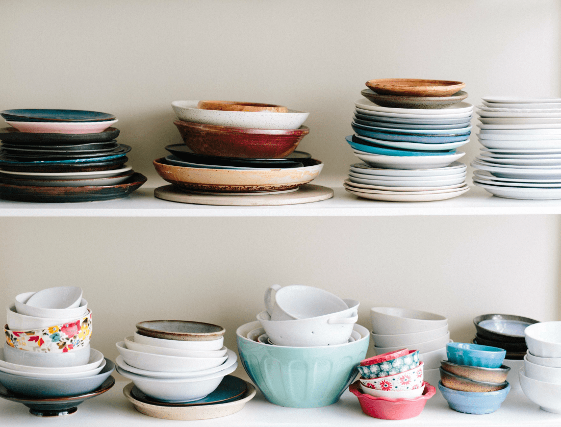dishware on a shelf