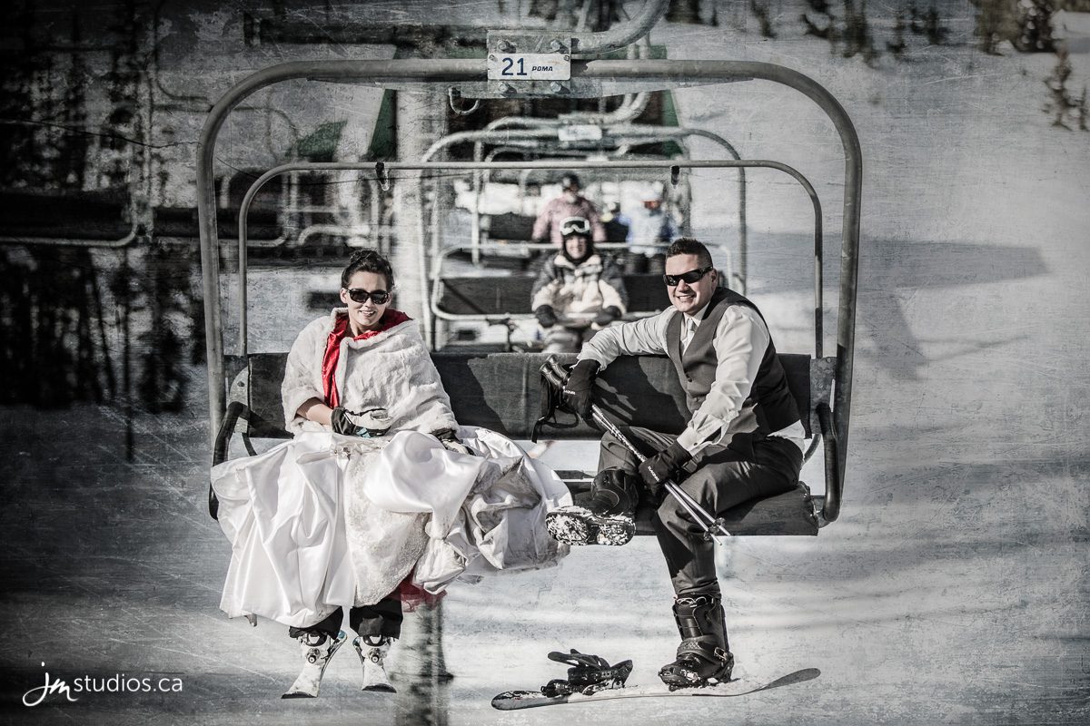 wedding couple on chair lift