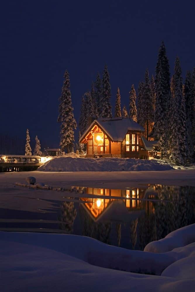 cozy cabin light up at night
