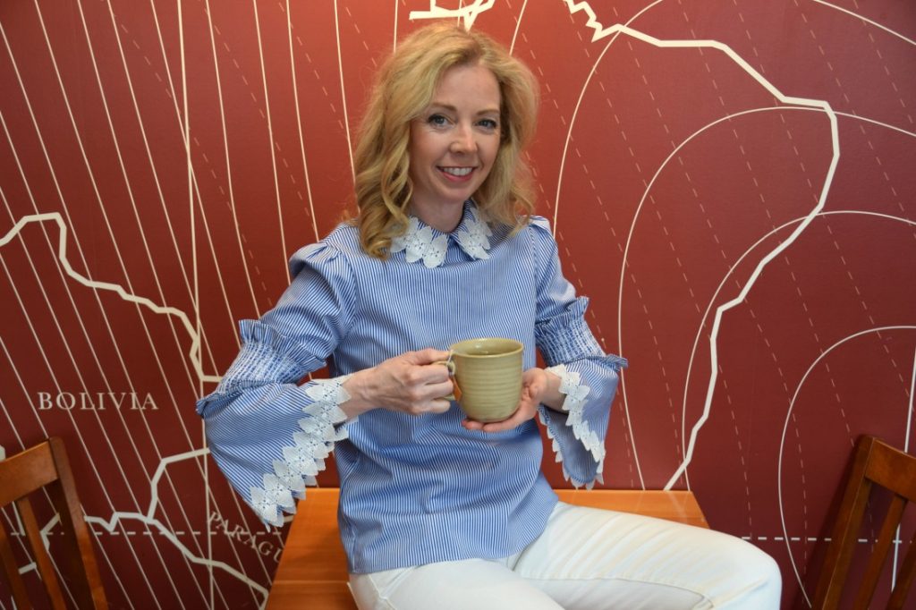 blue and white striped blouse