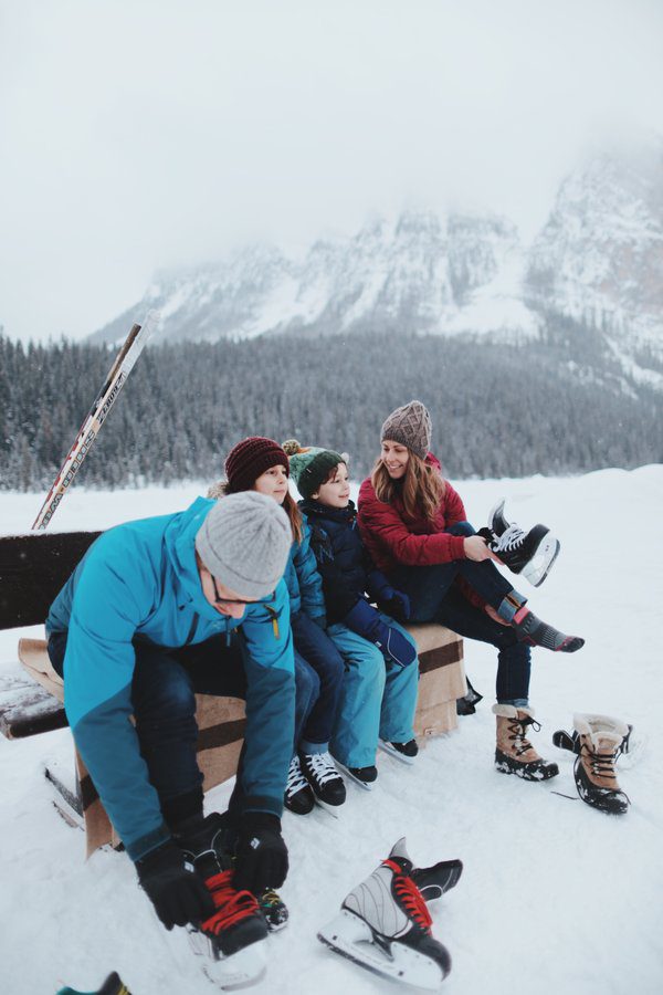lacing up skates outdoors