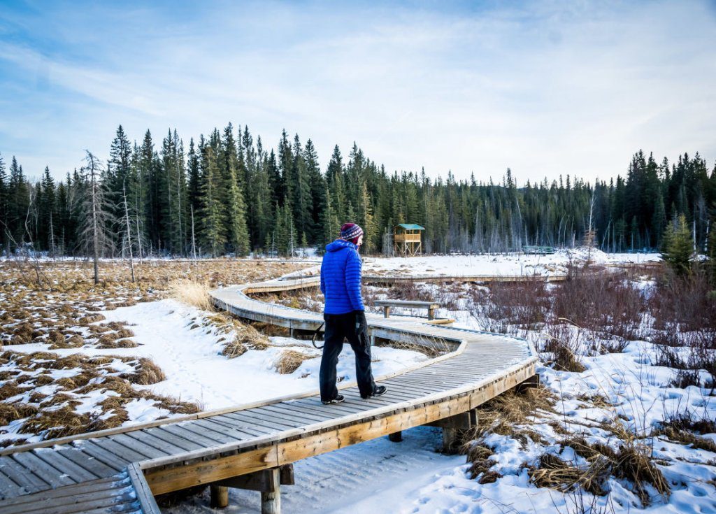 man walking on winter boardwalk