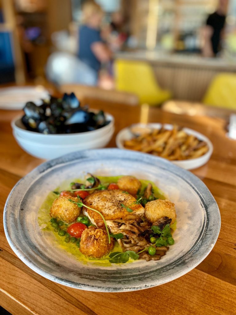 roast halibut with pea puree